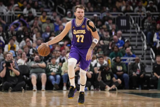 Nov 15, 2025; Milwaukee, Wisconsin, USA; Los Angeles Lakers guard Luka Doncic (77) during the game against the Milwaukee Bucks at Fiserv Forum. Mandatory Credit: Jeff Hanisch-Imagn Images
