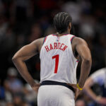 Nov 14, 2025; Dallas, Texas, USA; LA Clippers guard James Harden (1) looks on during an NBA Cup game between the Mavericks and the Clippers at the American Airlines Center. Mandatory Credit: Jerome Miron-Imagn Images