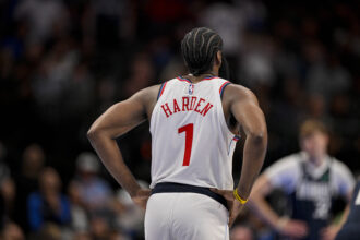 Nov 14, 2025; Dallas, Texas, USA; LA Clippers guard James Harden (1) looks on during an NBA Cup game between the Mavericks and the Clippers at the American Airlines Center. Mandatory Credit: Jerome Miron-Imagn Images
