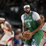 Oct 26, 2025; Dallas, Texas, USA; Dallas Mavericks forward Anthony Davis (3) controls the ball during the game between the Mavericks and the Raptors at the American Airlines Center. Mandatory Credit: Jerome Miron-Imagn Images