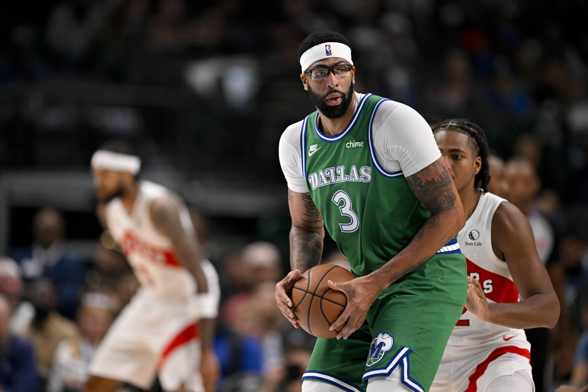 Oct 26, 2025; Dallas, Texas, USA; Dallas Mavericks forward Anthony Davis (3) controls the ball during the game between the Mavericks and the Raptors at the American Airlines Center. Mandatory Credit: Jerome Miron-Imagn Images