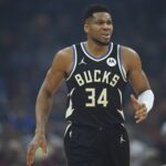 Nov 17, 2025; Cleveland, Ohio, USA; Milwaukee Bucks forward Giannis Antetokounmpo (34) reacts in the first quarter against the Cleveland Cavaliers at Rocket Arena. Mandatory Credit: David Richard-Imagn Images