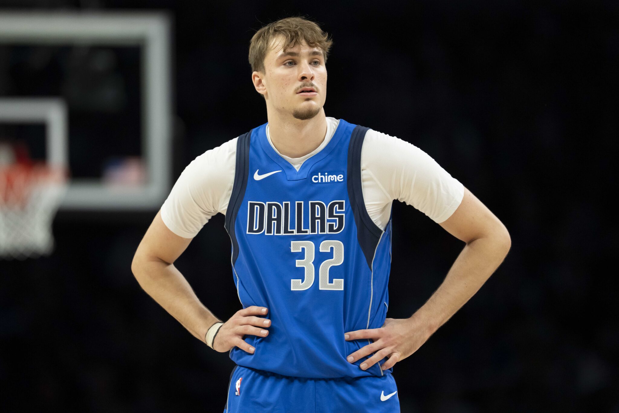 Nov 17, 2025; Minneapolis, Minnesota, USA; Dallas Mavericks forward Cooper Flagg (32) looks on against the Minnesota Timberwolves in the first half at Target Center. Mandatory Credit: Jesse Johnson-Imagn Images