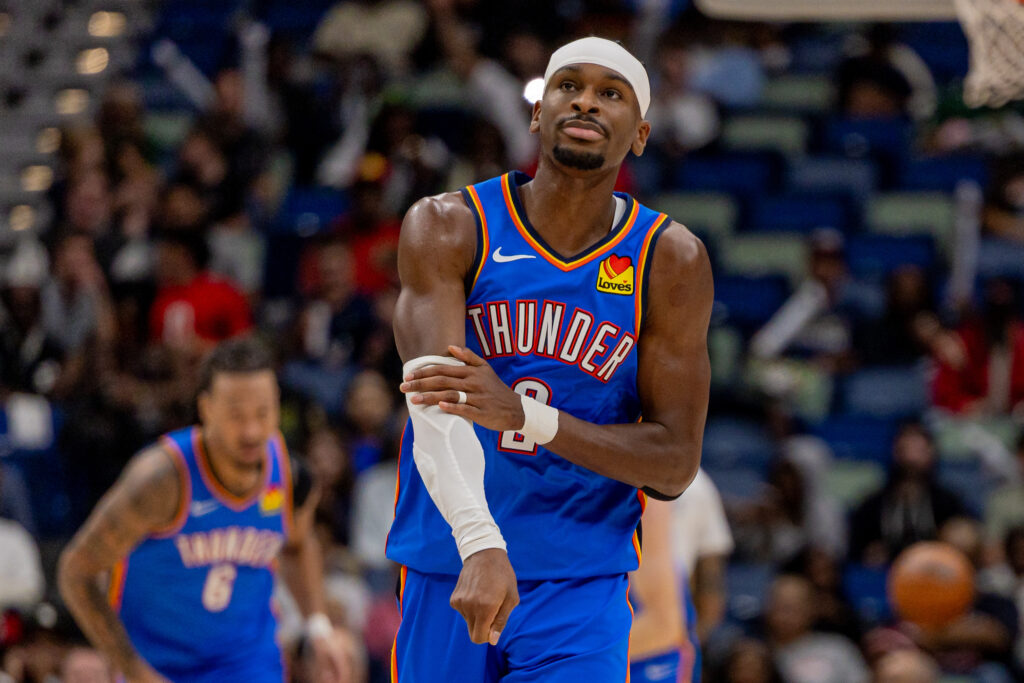 Nov 17, 2025; New Orleans, Louisiana, USA; Oklahoma City Thunder guard Shai Gilgeous-Alexander (2) reacts after a play against the New Orleans Pelicans during the second half at Smoothie King Center. Mandatory Credit: Stephen Lew-Imagn Images