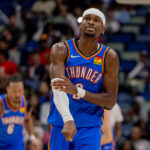 Nov 17, 2025; New Orleans, Louisiana, USA; Oklahoma City Thunder guard Shai Gilgeous-Alexander (2) reacts after a play against the New Orleans Pelicans during the second half at Smoothie King Center. Mandatory Credit: Stephen Lew-Imagn Images
