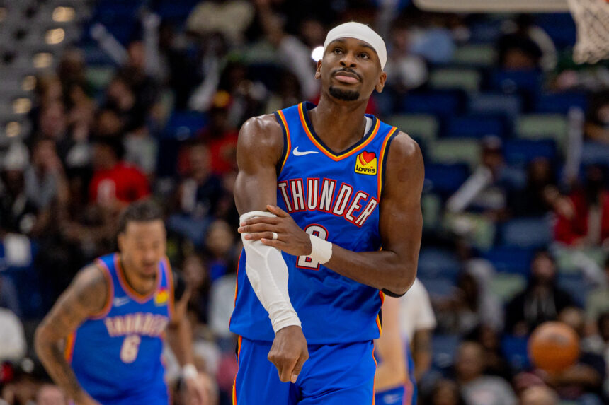 New Orleans, Louisiana, USA; Oklahoma City Thunder guard Shai Gilgeous-Alexander (2) reacts after a play against the New Orleans Pelicans during the second half at Smoothie King Center. Mandatory Credit: Stephen Lew-Imagn Images