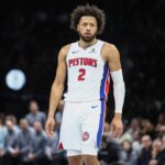 Nov 7, 2025; Brooklyn, New York, USA; Detroit Pistons guard Cade Cunningham (2) at Barclays Center. Mandatory Credit: Wendell Cruz-Imagn Images