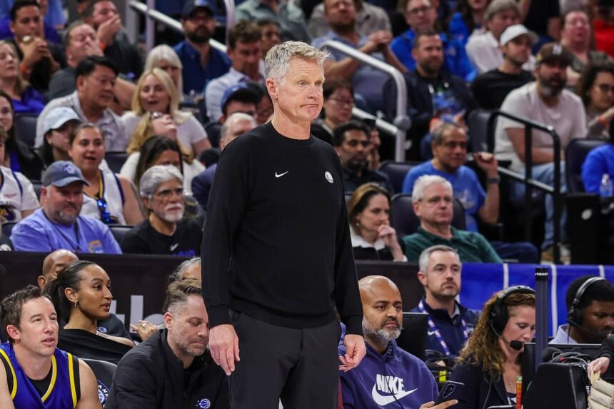 Nov 18, 2025; Orlando, Florida, USA; Golden State Warriors head coach Steve Kerr reacts during the second half against the Orlando Magic at Kia Center. Mandatory Credit: Mike Watters-Imagn Images
