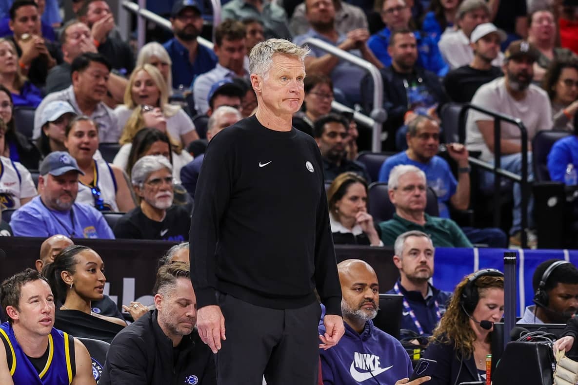 Nov 18, 2025; Orlando, Florida, USA; Golden State Warriors head coach Steve Kerr reacts during the second half against the Orlando Magic at Kia Center. Mandatory Credit: Mike Watters-Imagn Images