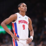 Nov 18, 2025; Atlanta, Georgia, USA; Detroit Pistons guard Ausar Thompson (9) in action against the Atlanta Hawks in the third quarter at State Farm Arena. Mandatory Credit: Brett Davis-Imagn Images