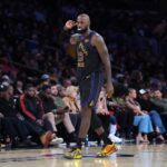 Nov 18, 2025; Los Angeles, California, USA; Los Angeles Lakers forward LeBron James (23) reacts against the Utah Jazz in the fourth quarter at Crypto.com Arena. Mandatory Credit: Kirby Lee-Imagn Images