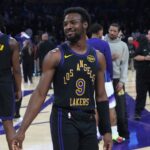 Nov 18, 2025; Los Angeles, California, USA; Los Angeles Lakers guard Bronny James (9) reacts after the game against the Utah Jazz at Crypto.com Arena. Mandatory Credit: Kirby Lee-Imagn Images