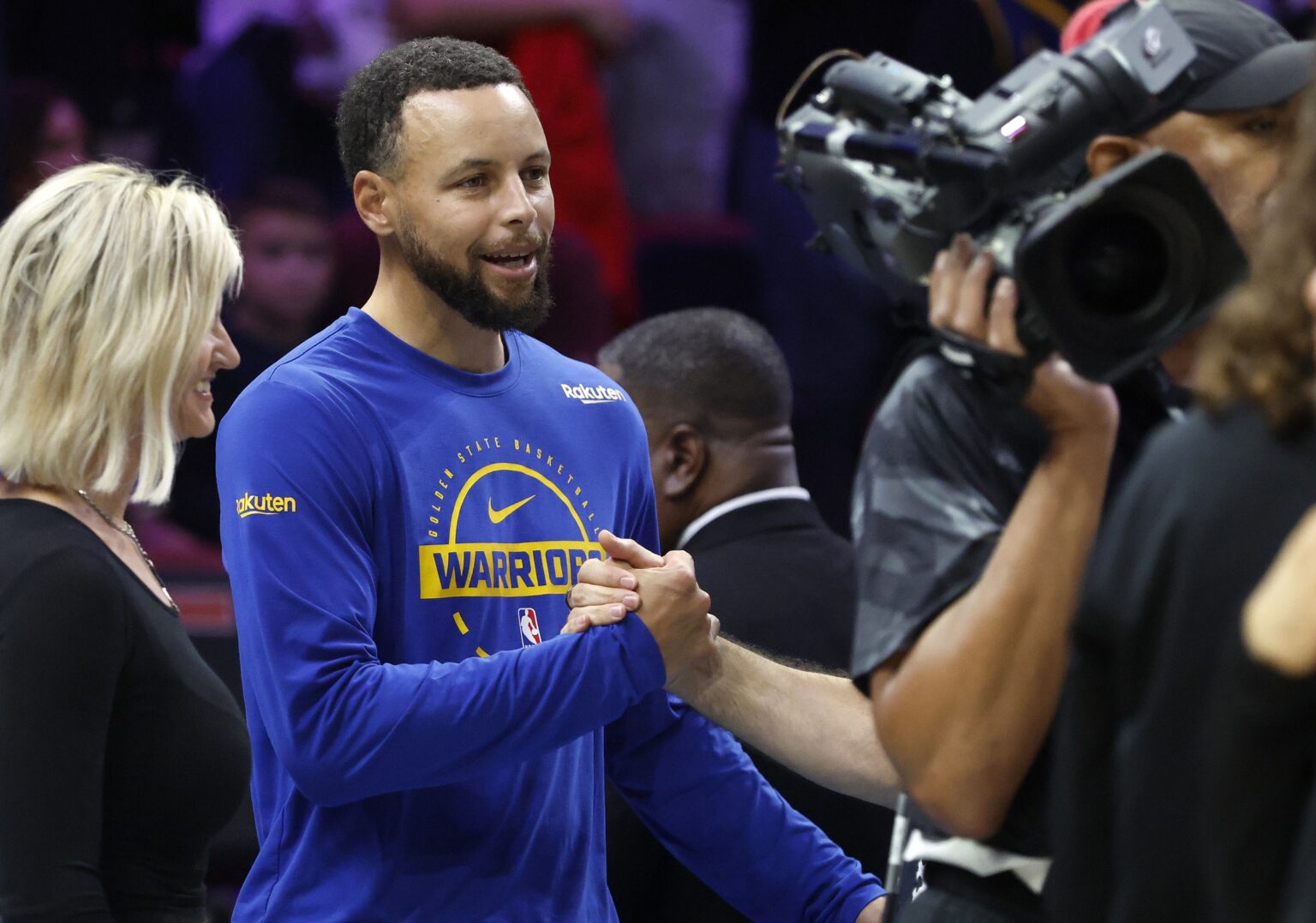 Nov 19, 2025; Miami, Florida, USA; Golden State Warriors guard Stephen Curry (30) greets fans before the game against the Miami Heat at Kaseya Center. Mandatory Credit: Rhona Wise-Imagn Images