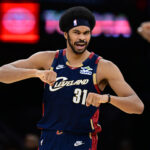 Nov 19, 2025; Cleveland, Ohio, USA; Cleveland Cavaliers center Jarrett Allen (31) reacts after the Houston Rockets were called for a three second violation during the second half at Rocket Arena. Mandatory Credit: David Dermer-Imagn Images
