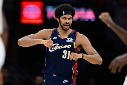 Nov 19, 2025; Cleveland, Ohio, USA; Cleveland Cavaliers center Jarrett Allen (31) reacts after the Houston Rockets were called for a three second violation during the second half at Rocket Arena. Mandatory Credit: David Dermer-Imagn Images