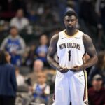 Nov 21, 2025; Dallas, Texas, USA; New Orleans Pelicans forward Zion Williamson (1) prepares to face the Dallas Mavericks at the American Airlines Center. Mandatory Credit: Jerome Miron-Imagn Images