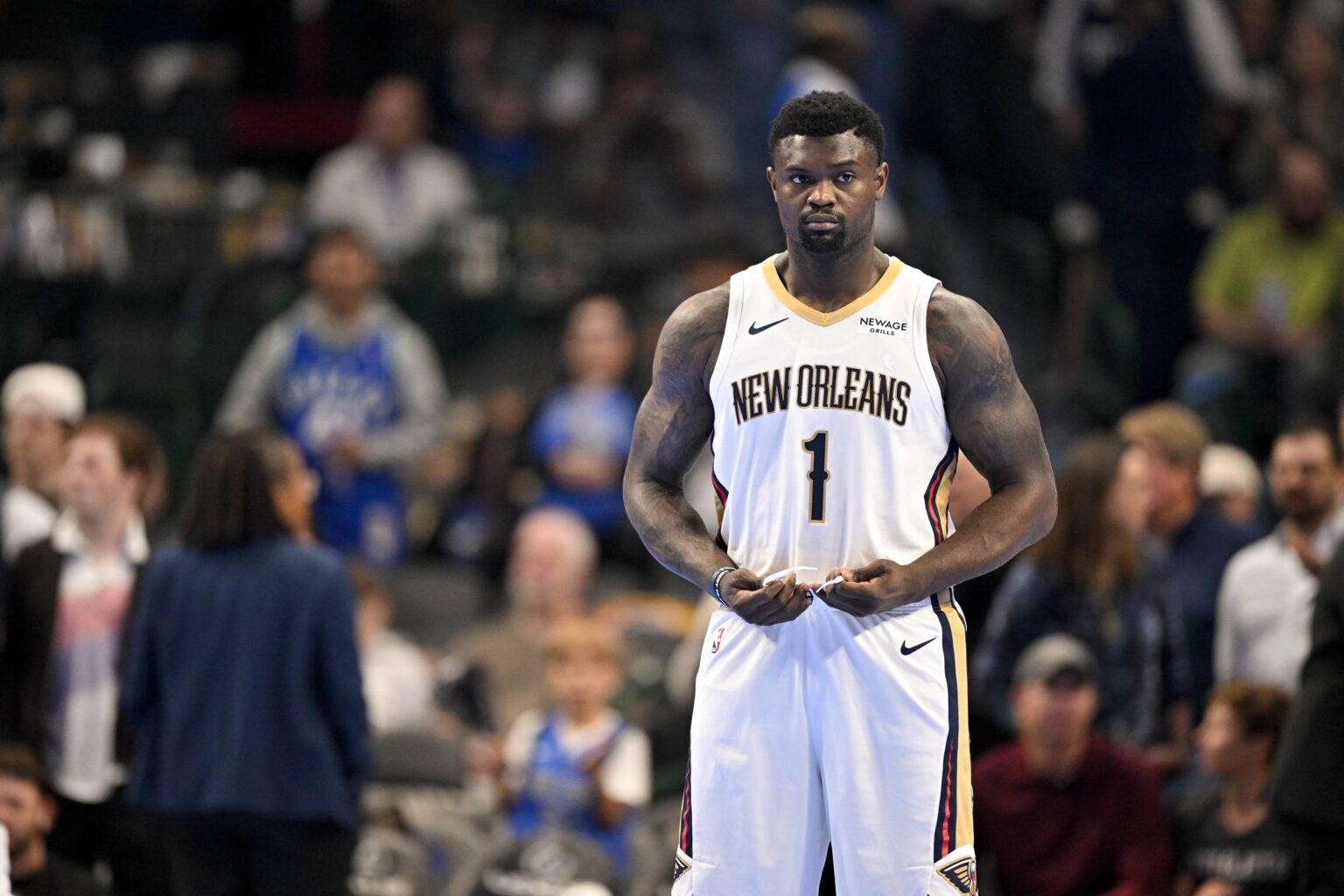 Nov 21, 2025; Dallas, Texas, USA; New Orleans Pelicans forward Zion Williamson (1) prepares to face the Dallas Mavericks at the American Airlines Center. Mandatory Credit: Jerome Miron-Imagn Images