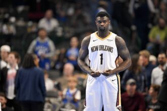 Nov 21, 2025; Dallas, Texas, USA; New Orleans Pelicans forward Zion Williamson (1) prepares to face the Dallas Mavericks at the American Airlines Center. Mandatory Credit: Jerome Miron-Imagn Images