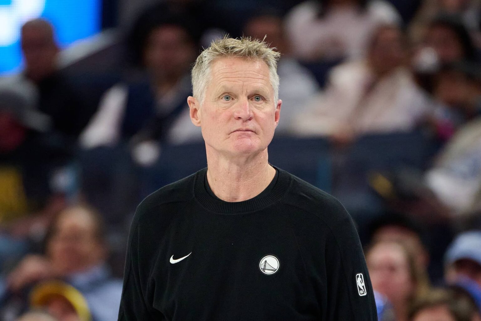 Nov 21, 2025; San Francisco, California, USA; Golden State Warriors head coach Steve Kerr watches game play against the Portland Trail Blazers during the third quarter at Chase Center. Mandatory Credit: Robert Edwards-Imagn Images
