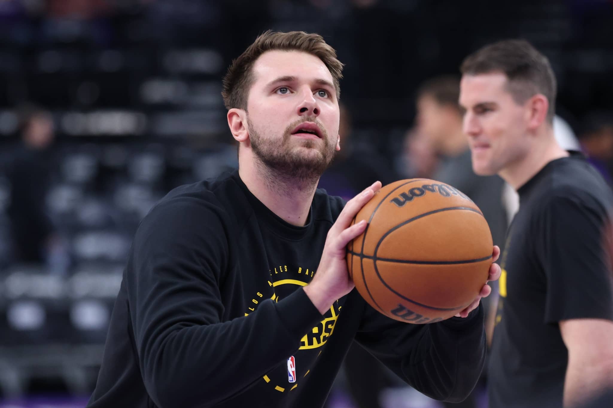 Nov 23, 2025; Salt Lake City, Utah, USA; Los Angeles Lakers guard Luka Doncic (77) warms up before the game against the Utah Jazz at Delta Center. Mandatory Credit: Rob Gray-Imagn Images