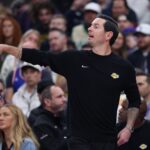 Nov 23, 2025; Salt Lake City, Utah, USA; Los Angeles Lakers head coach JJ Redick gives instructions during the first half of the game against the Utah Jazz at Delta Center. Mandatory Credit: Rob Gray-Imagn Images