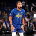 Nov 24, 2025; San Francisco, California, USA; Golden State Warriors guard Stephen Curry (30) stands on the court before the start of the game against the Utah Jazz at the Chase Center. Mandatory Credit: Cary Edmondson-Imagn Images