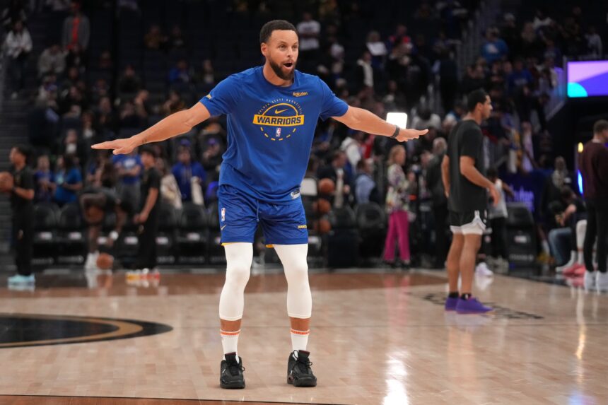 Nov 24, 2025; San Francisco, California, USA; Golden State Warriors guard Stephen Curry (30) stands on the court before the start of the game against the Utah Jazz at the Chase Center. Mandatory Credit: Cary Edmondson-Imagn Images