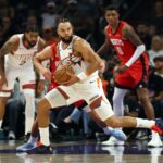 Nov 24, 2025; Phoenix, Arizona, USA; Phoenix Suns forward Dillon Brooks (3) against the Houston Rockets in the first half at Mortgage Matchup Center. Mandatory Credit: Mark J. Rebilas-Imagn Images