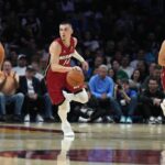 Nov 24, 2025; Miami, Florida, USA; Miami Heat guard Tyler Herro (14) brings the ball up the court against the Dallas Mavericks in the first half at Kaseya Center. Mandatory Credit: Jim Rassol-Imagn Images