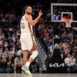 Nov 24, 2025; San Francisco, California, USA; Golden State Warriors guard Stephen Curry (30) stands on the court during a break in the action against the Utah Jazz in the fourth quarter at the Chase Center. Mandatory Credit: Cary Edmondson-Imagn Images
