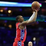 Nov 25, 2025; Philadelphia, Pennsylvania, USA; Philadelphia 76ers guard Tyrese Maxey (0) shoots against the Orlando Magic during the third quarter at Xfinity Mobile Arena. Mandatory Credit: Bill Streicher-Imagn Images