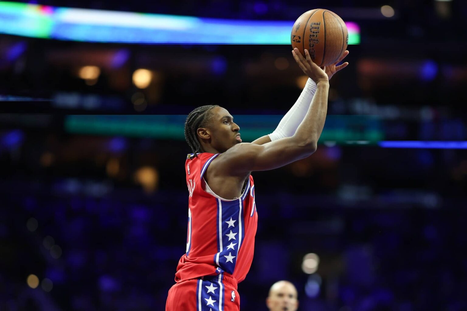 Nov 25, 2025; Philadelphia, Pennsylvania, USA; Philadelphia 76ers guard Tyrese Maxey (0) shoots against the Orlando Magic during the third quarter at Xfinity Mobile Arena. Mandatory Credit: Bill Streicher-Imagn Images