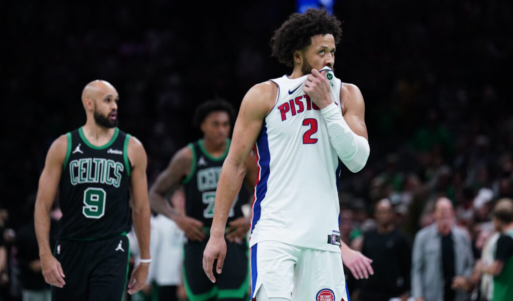 Nov 26, 2025; Boston, Massachusetts, USA; Detroit Pistons guard Cade Cunningham (2) reacts after missing his third foul shot against the Boston Celtics in the last seconds of the fourth quarter at TD Garden. Mandatory Credit: David Butler II-Imagn Images