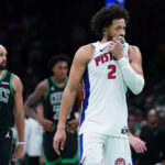 Nov 26, 2025; Boston, Massachusetts, USA; Detroit Pistons guard Cade Cunningham (2) reacts after missing his third foul shot against the Boston Celtics in the last seconds of the fourth quarter at TD Garden. Mandatory Credit: David Butler II-Imagn Images
