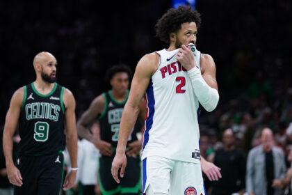 Nov 26, 2025; Boston, Massachusetts, USA; Detroit Pistons guard Cade Cunningham (2) reacts after missing his third foul shot against the Boston Celtics in the last seconds of the fourth quarter at TD Garden. Mandatory Credit: David Butler II-Imagn Images