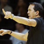 Nov 26, 2025; Miami, Florida, USA; Miami Heat head coach Erik Spoelstra reacts against the Milwaukee Bucks during the first half of an NBA Cup game at Kaseya Center. Mandatory Credit: Rhona Wise-Imagn Images