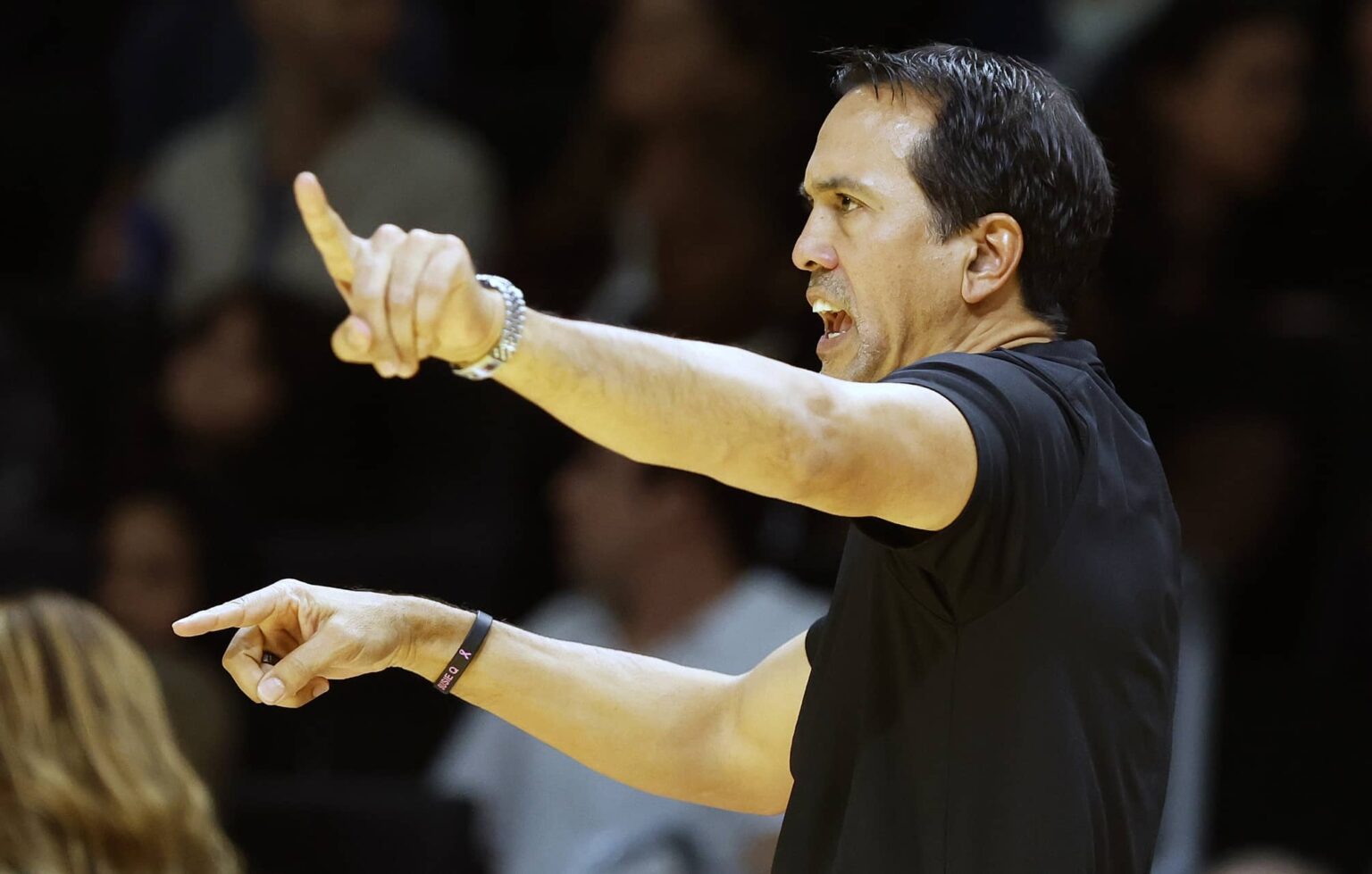 Nov 26, 2025; Miami, Florida, USA; Miami Heat head coach Erik Spoelstra reacts against the Milwaukee Bucks during the first half of an NBA Cup game at Kaseya Center. Mandatory Credit: Rhona Wise-Imagn Images