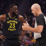 Nov 26, 2025; San Francisco, California, USA; Golden State Warriors forward Draymond Green (23) talks with the referee in the first quarter during a game against the Houston Rockets at Chase Center. Mandatory Credit: David Gonzales-Imagn Images