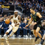 Nov 29, 2025; San Francisco, California, USA; Golden State Warriors forward Jimmy Butler III (10) drives past New Orleans Pelicans guard Bryce McGowens (11) during the fourth quarter at Chase Center. Mandatory Credit: John Hefti-Imagn Images