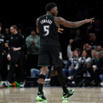 Nov 30, 2025; Minneapolis, Minnesota, USA; Minnesota Timberwolves guard Anthony Edwards (5) celebrates his shot against the San Antonio Spurs during the second half at Target Center. Mandatory Credit: Matt Krohn-Imagn Images