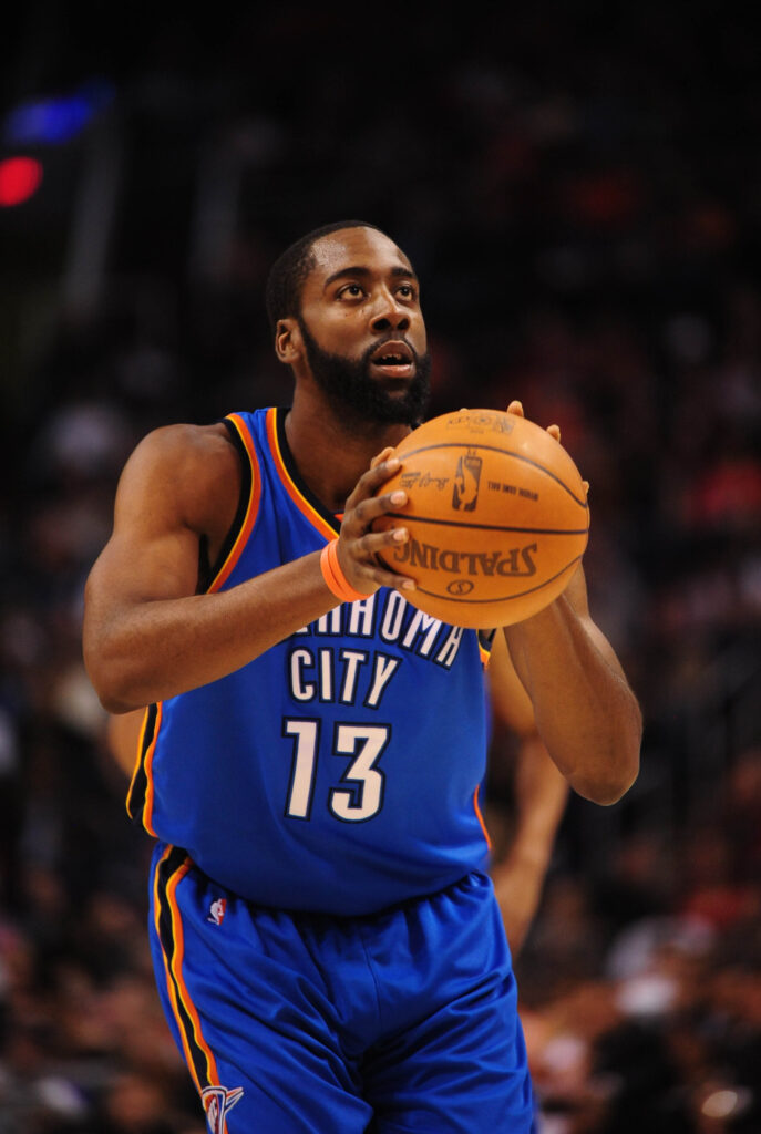 Dec. 23, 2009; Phoenix, AZ, USA; Oklahoma City Thunder guard (13) James Harden against the Phoenix Suns at the US Airways Center. The Thunder defeated the Suns 117-113. Mandatory Credit: Mark J. Rebilas-Imagn Images