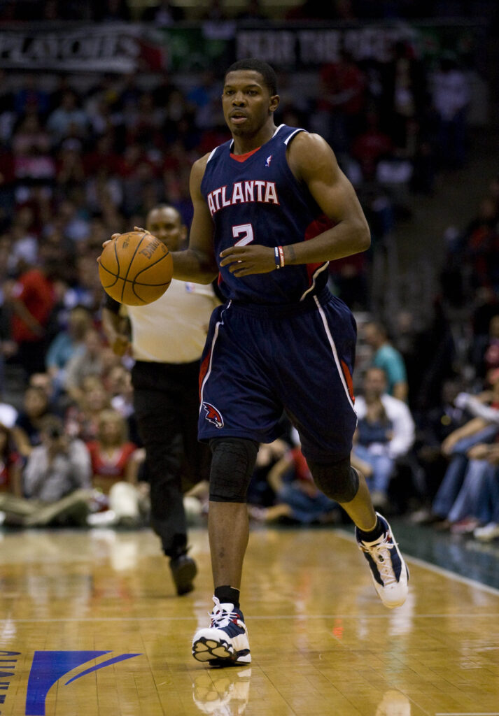 Apr 26, 2010; Milwaukee, WI, USA; Atlanta Hawks guard Joe Johnson (2) dribbles the ball during game four of the first round of the 2010 NBA playoffs against the Milwaukee Bucks at the Bradley Center. The Bucks defeated the Hawks 111-104. Mandatory Credit: Jeff Hanisch-Imagn Images