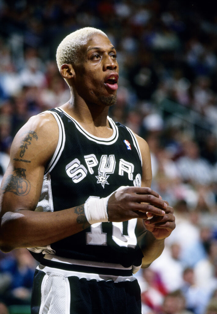 Apr 14, 1994; Salt Lake City, UT, USA; FILE PHOTO; San Antonio Spurs forward Dennis Rodman (10) in action against the Utah Jazz at the Delta Center. Mandatory Credit: Imagn Images