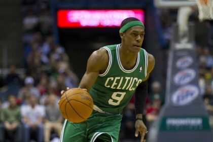 Mar 22, 2012; Milwaukee, WI, USA; Boston Celtics guard Rajon Rondo (9) during the game against the Milwaukee Bucks at the Bradley Center. The Celtics defeated the Bucks 100-91. Mandatory Credit: Jeff Hanisch-Imagn Images