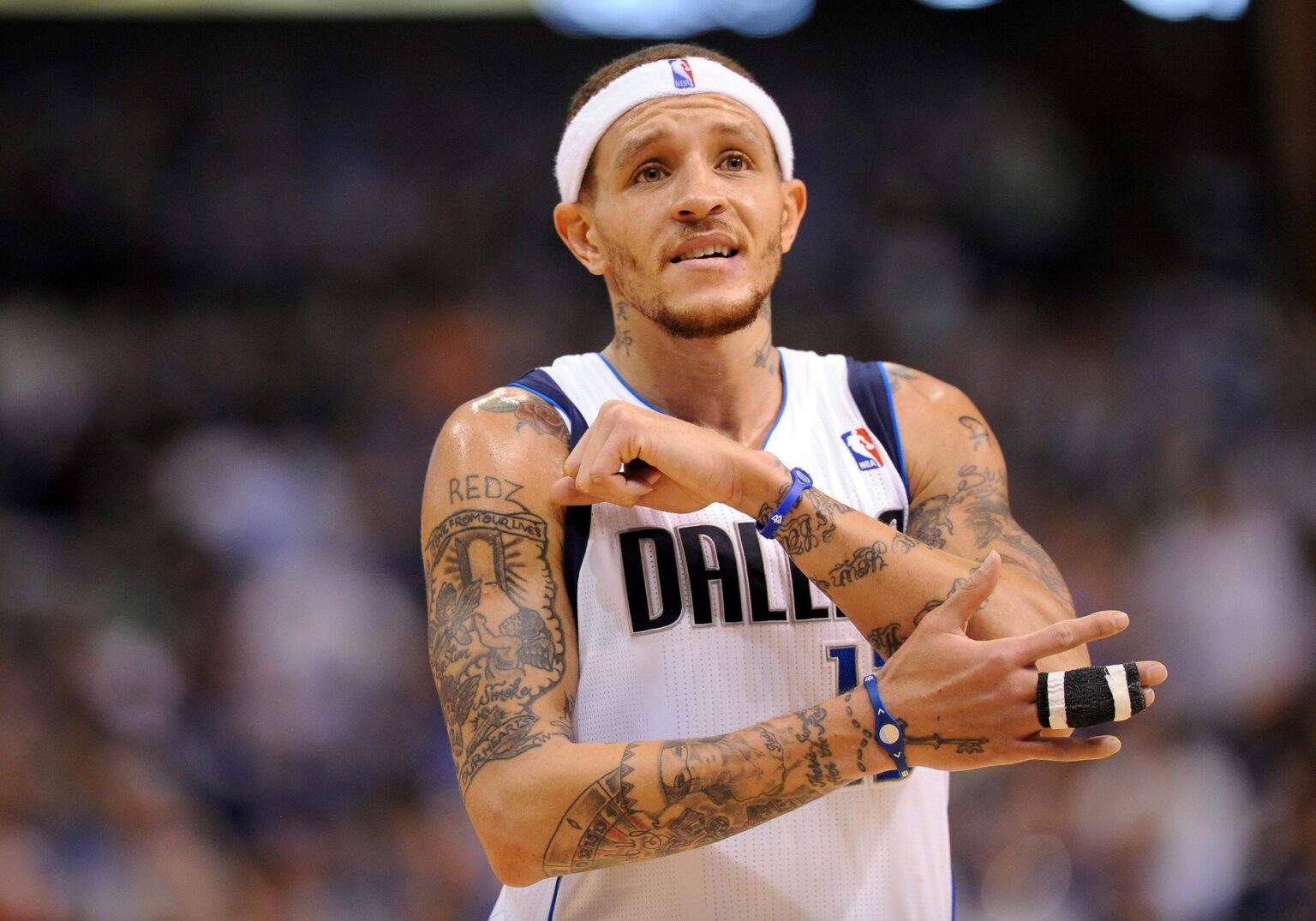 Apr 20, 2012; Dallas, TX, USA; Dallas Mavericks shooting guard Delonte West (13) argues a call with the referee during the fourth quarter against the Golden State Warriors at the American Airlines Center. The Mavericks defeated the Warriors 104-94. Mandatory Credit: Jerome Miron-USA TODAY Sports