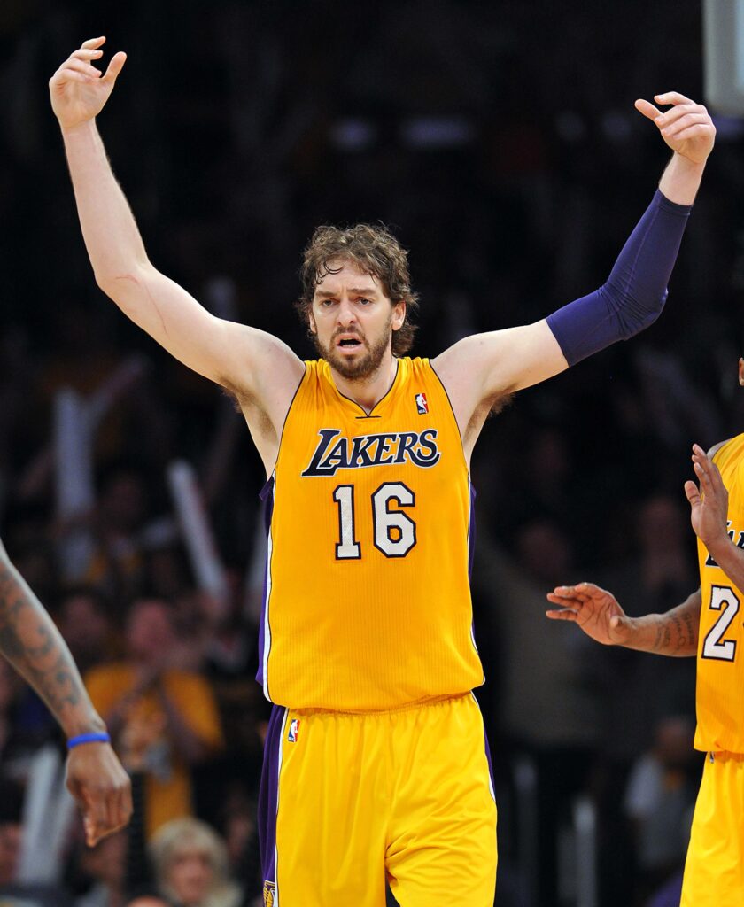 May 12, 2012; Los Angeles, CA, USA; Los Angeles Lakers power forward Pau Gasol (16) reacts in the second half of game seven of the Western Conference quarterfinals of the 2012 NBA Playoffs against the Denver Nuggets at the Staples Center. Lakers won 96-87. Mandatory Credit: Jayne Kamin-Oncea-Imagn Images