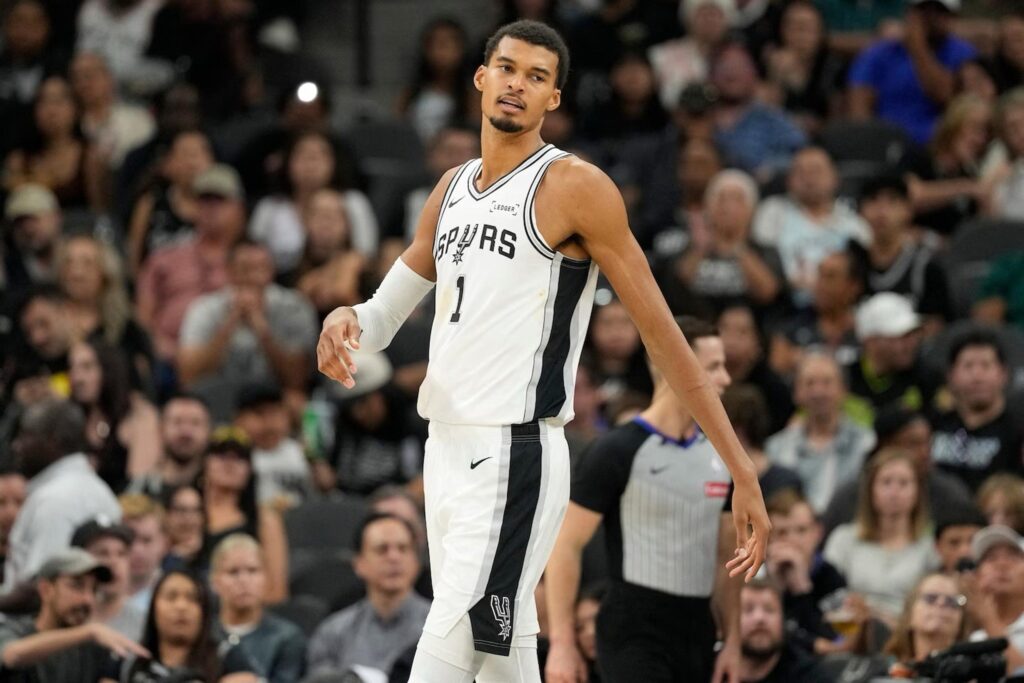 Oct 10, 2025; San Antonio, Texas, USA; San Antonio Spurs forward Victor Wembanyama (1) during the first half against the Utah Jazz at Frost Bank Center. Mandatory Credit: Scott Wachter-Imagn Images