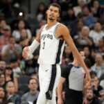 Oct 10, 2025; San Antonio, Texas, USA; San Antonio Spurs forward Victor Wembanyama (1) during the first half against the Utah Jazz at Frost Bank Center. Mandatory Credit: Scott Wachter-Imagn Images