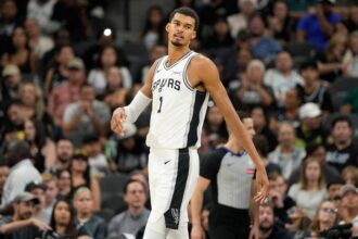 Oct 10, 2025; San Antonio, Texas, USA; San Antonio Spurs forward Victor Wembanyama (1) during the first half against the Utah Jazz at Frost Bank Center. Mandatory Credit: Scott Wachter-Imagn Images