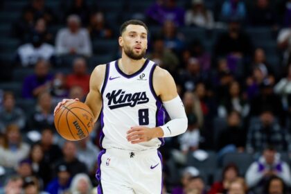 Oct 15, 2025; Sacramento, California, USA; Sacramento Kings guard Zach Lavine (8) dribbles the ball up the court during the first quarter against the Los Angeles Clippers at Golden 1 Center. Mandatory Credit: Sergio Estrada-Imagn Images
